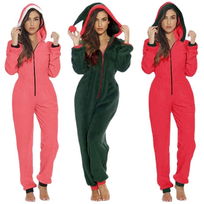 Women's Home Wear Christmas Plush Zipper Jumpsuit