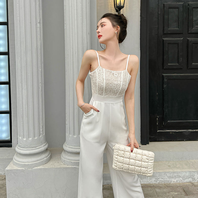 White Lace Stitching High-waist Wide Leg Jumpsuits