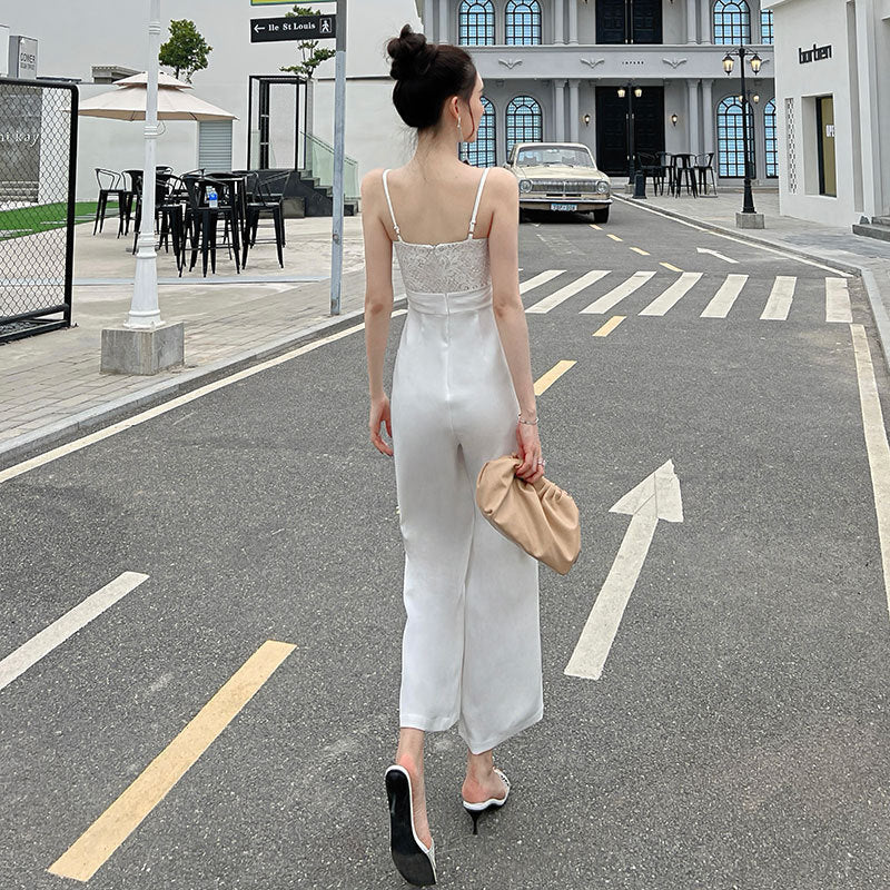 White Lace Stitching High-waist Wide Leg Jumpsuits